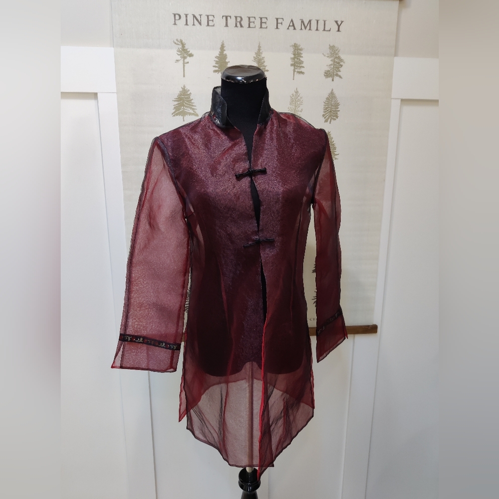 Tian Art Silk Organza Sheer Jacket Red & Black Frog Closures Size 40